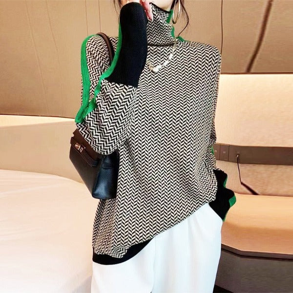 Women's herringbone turtleneck sweater with contrasting sleeve trim