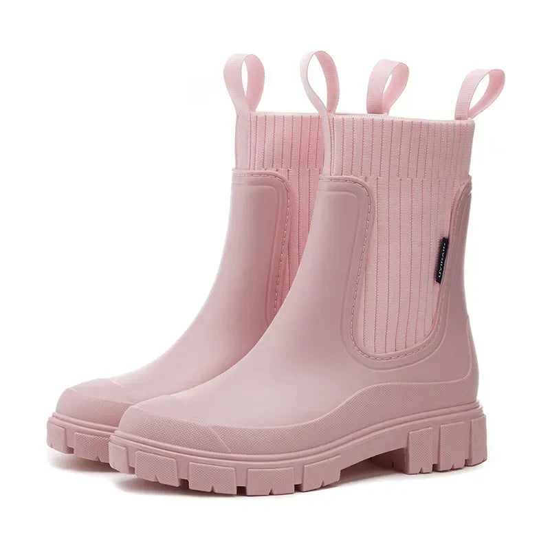 Women's Chelsea ankle rain boots with elastic panels and chunky treaded soles