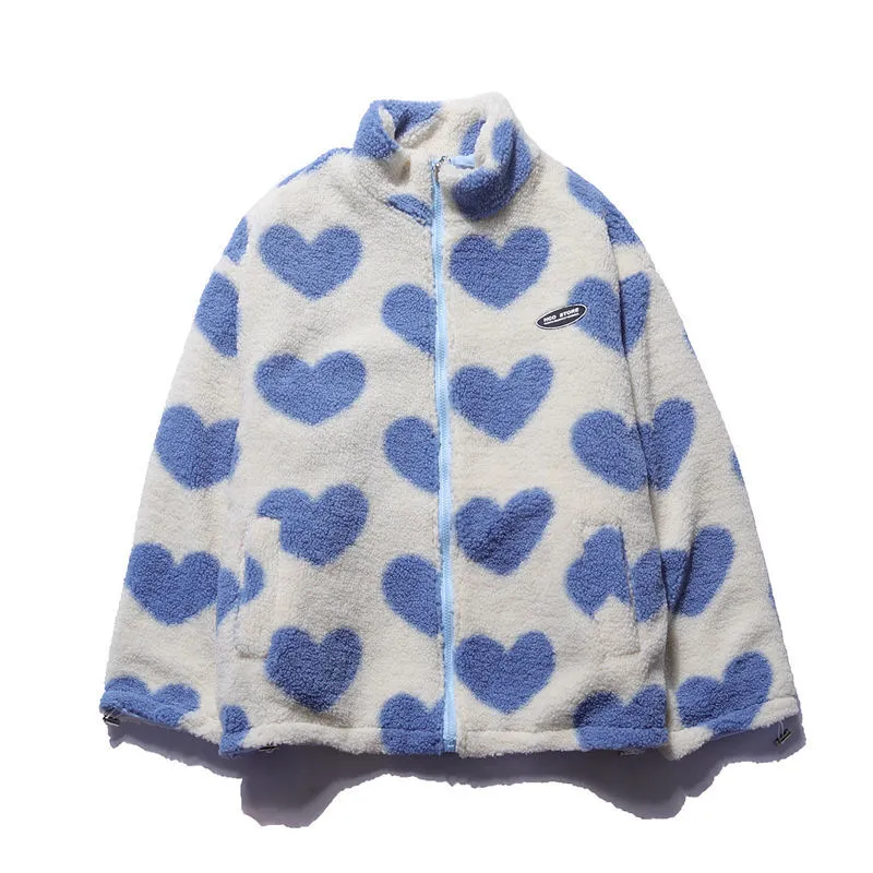 Reversible jacket with heart-patterned textured side, high collar and zip front