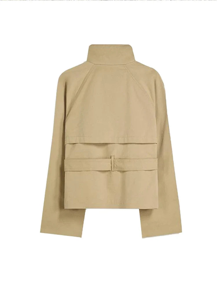 Women's belted trench jacket with high collar and double-breasted buttons