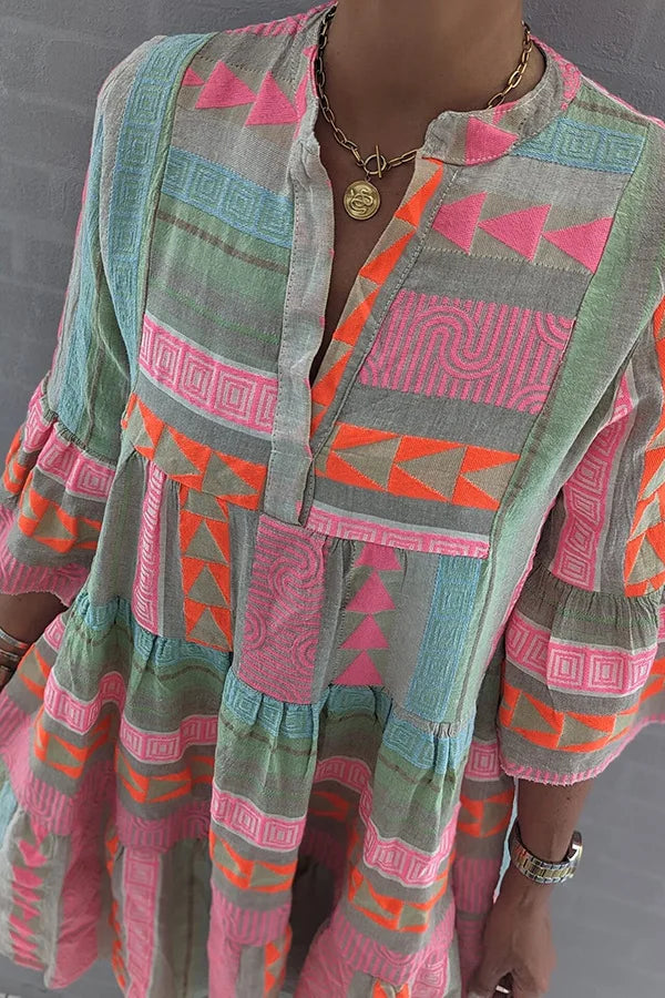 Dress For Women | Geometric Print Flared Sleeve