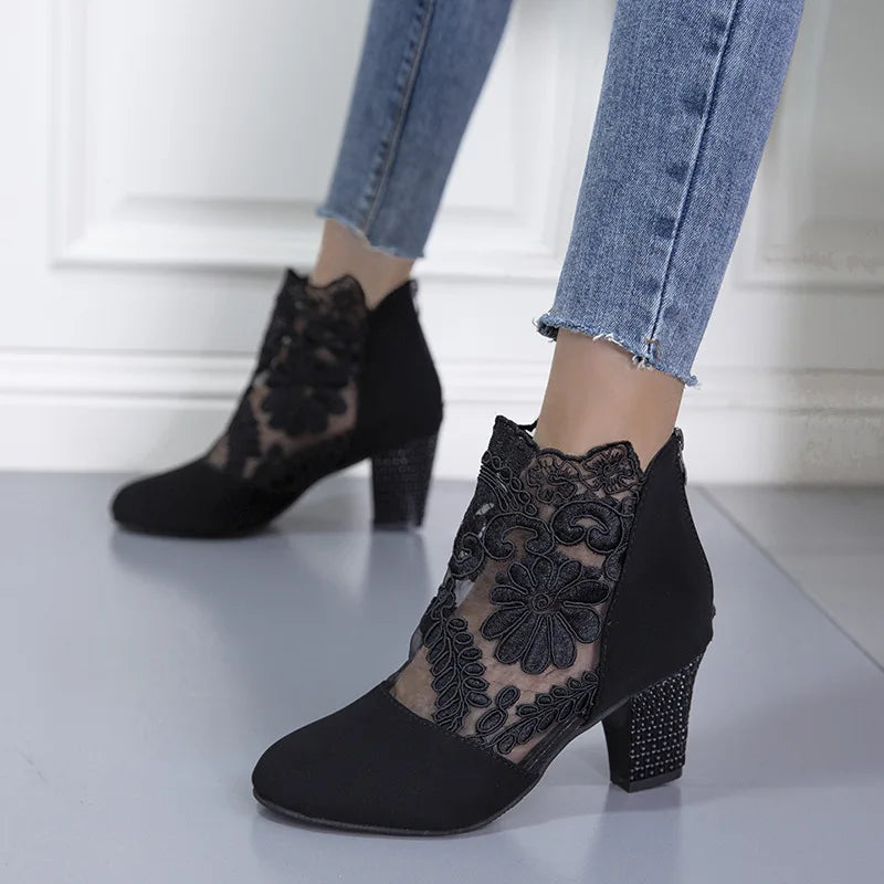 Boots For Women | Patterned Panel Ankle Block Heel Style