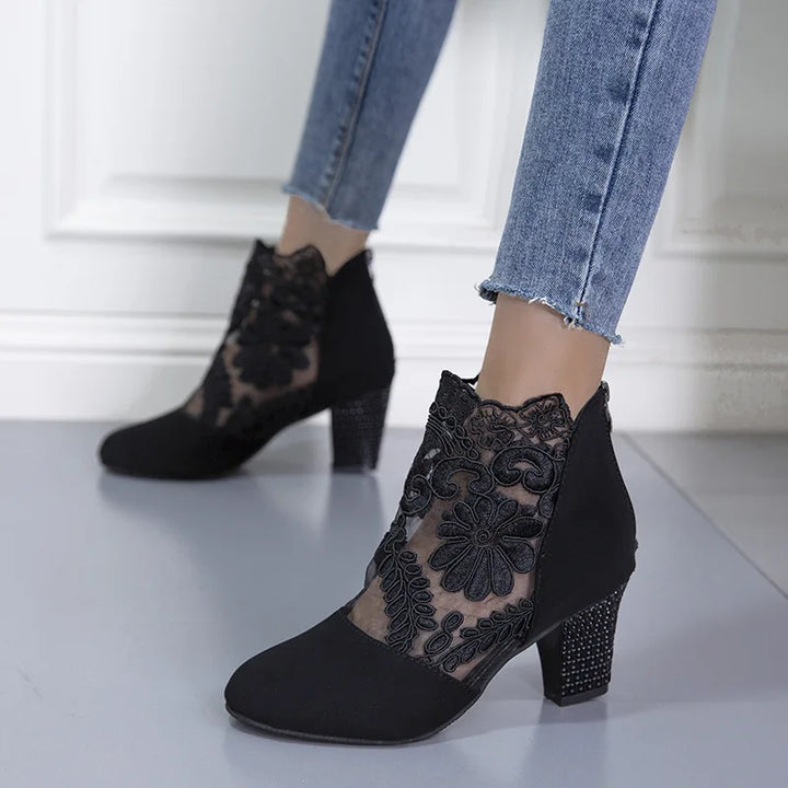 Boots For Women | Patterned Panel Ankle Block Heel Style