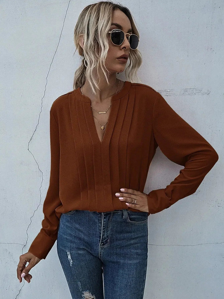 Blouse For Women | V-Neck Long Sleeve Pleated