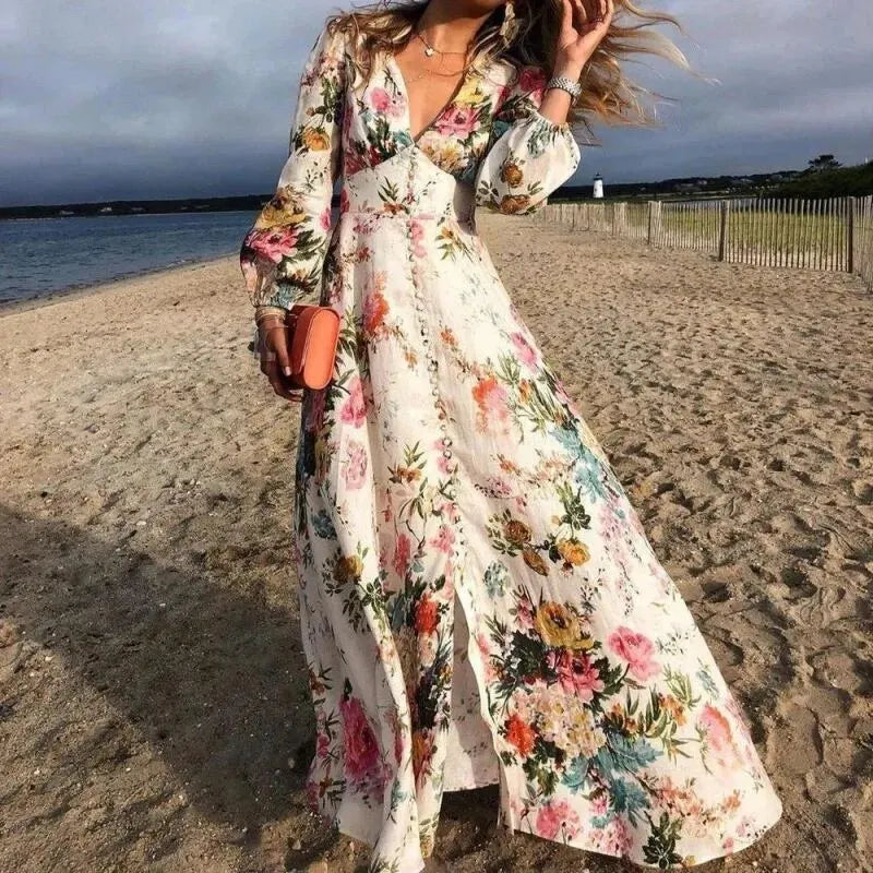 Women's Beach Maxi Dress | Floral Long Sleeve