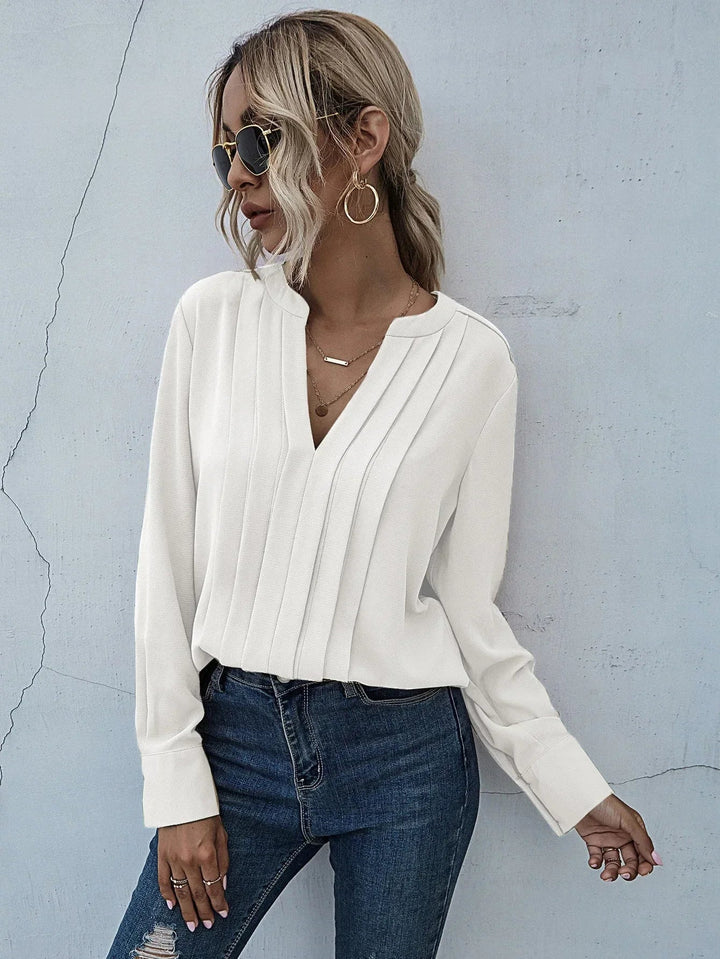 Blouse For Women | V-Neck Long Sleeve Pleated