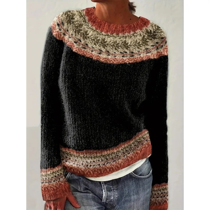 Women's Fair Isle crew neck jumper with long sleeves and patterned yoke
