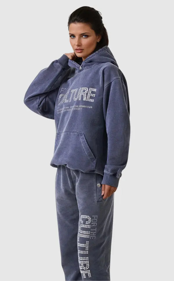 Women's blue graphic pullover hoodie with hood, long sleeves and kangaroo pocket