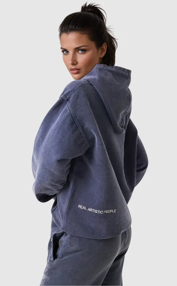 Women's blue graphic pullover hoodie with hood, long sleeves and kangaroo pocket