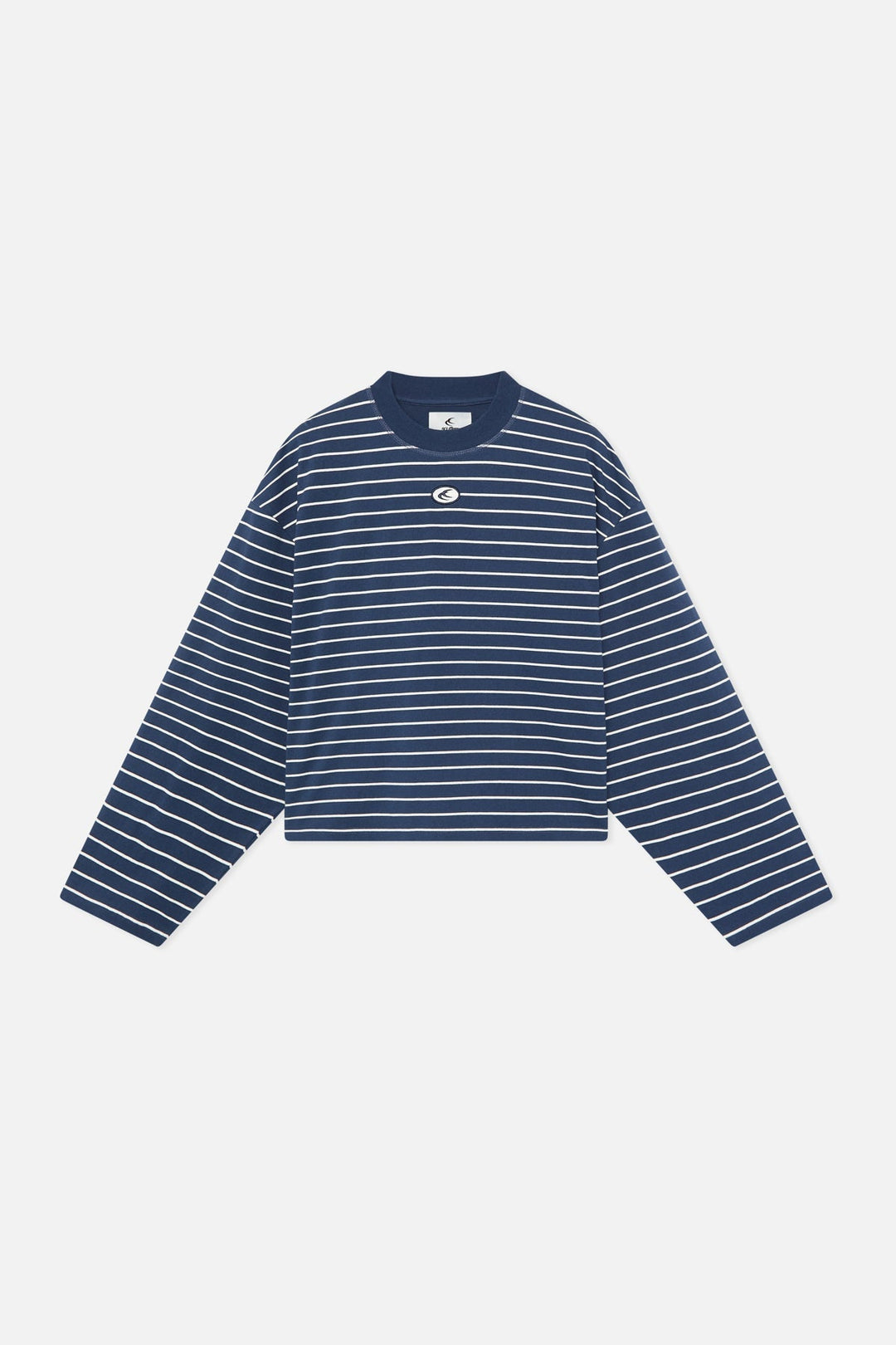 Women's navy and light striped crew neck jumper with long sleeves