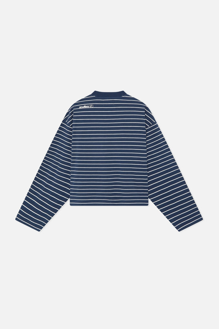 Women's navy and light striped crew neck jumper with long sleeves