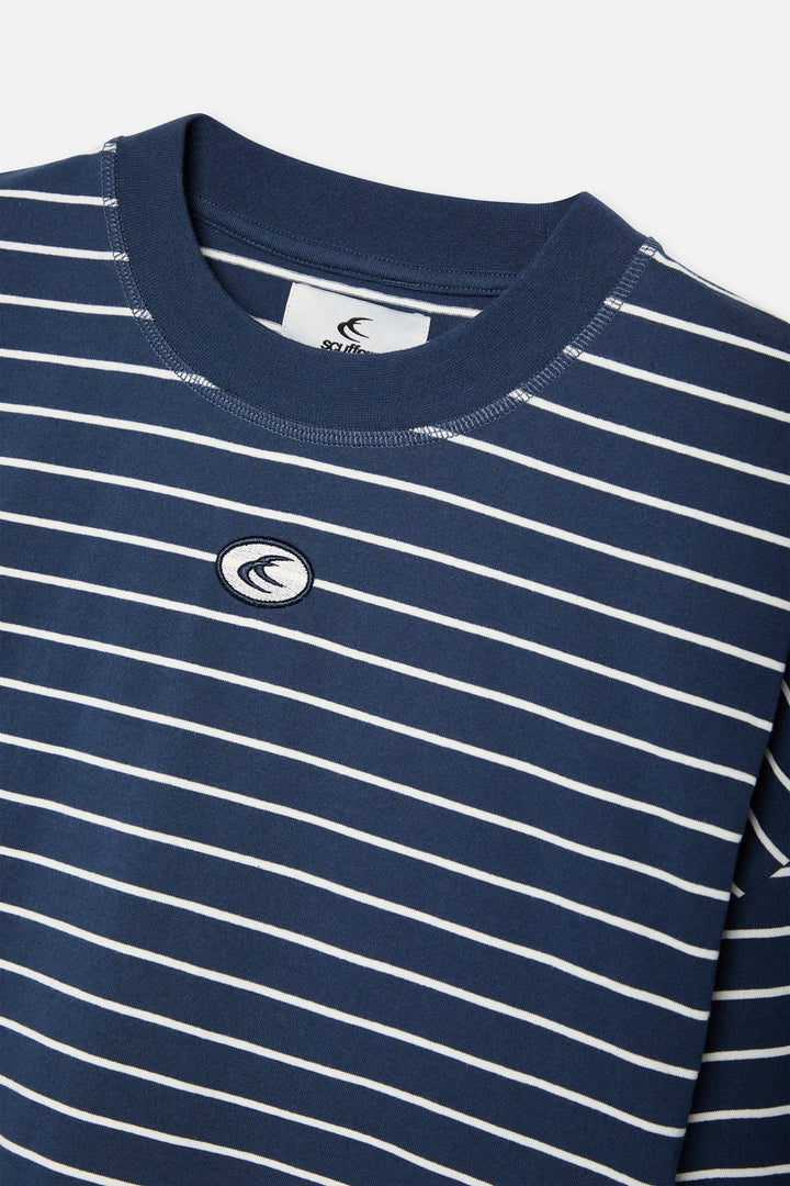 Women's navy and light striped crew neck jumper with long sleeves