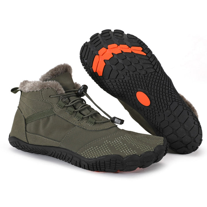 Ankle-height winter barefoot boots with lace-up toggle closure and textured sole