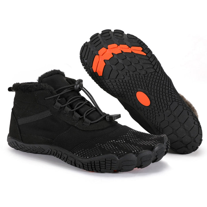 Ankle-height winter barefoot boots with lace-up toggle closure and textured sole