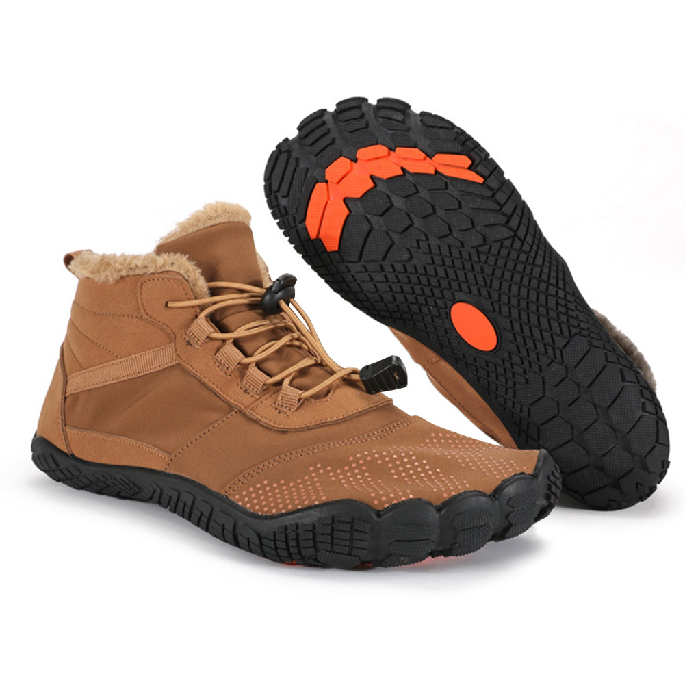 Ankle-height winter barefoot boots with lace-up toggle closure and textured sole