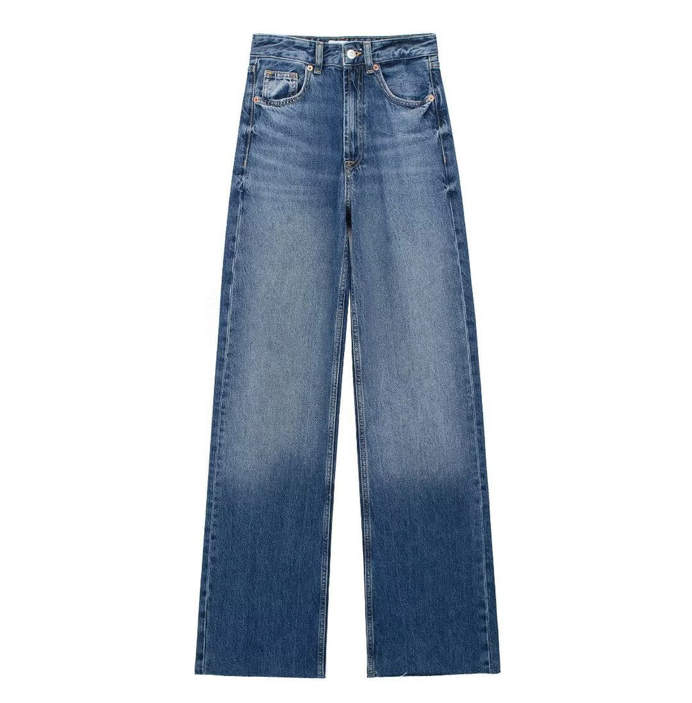 Women's blue high-rise wide leg jeans with five pockets