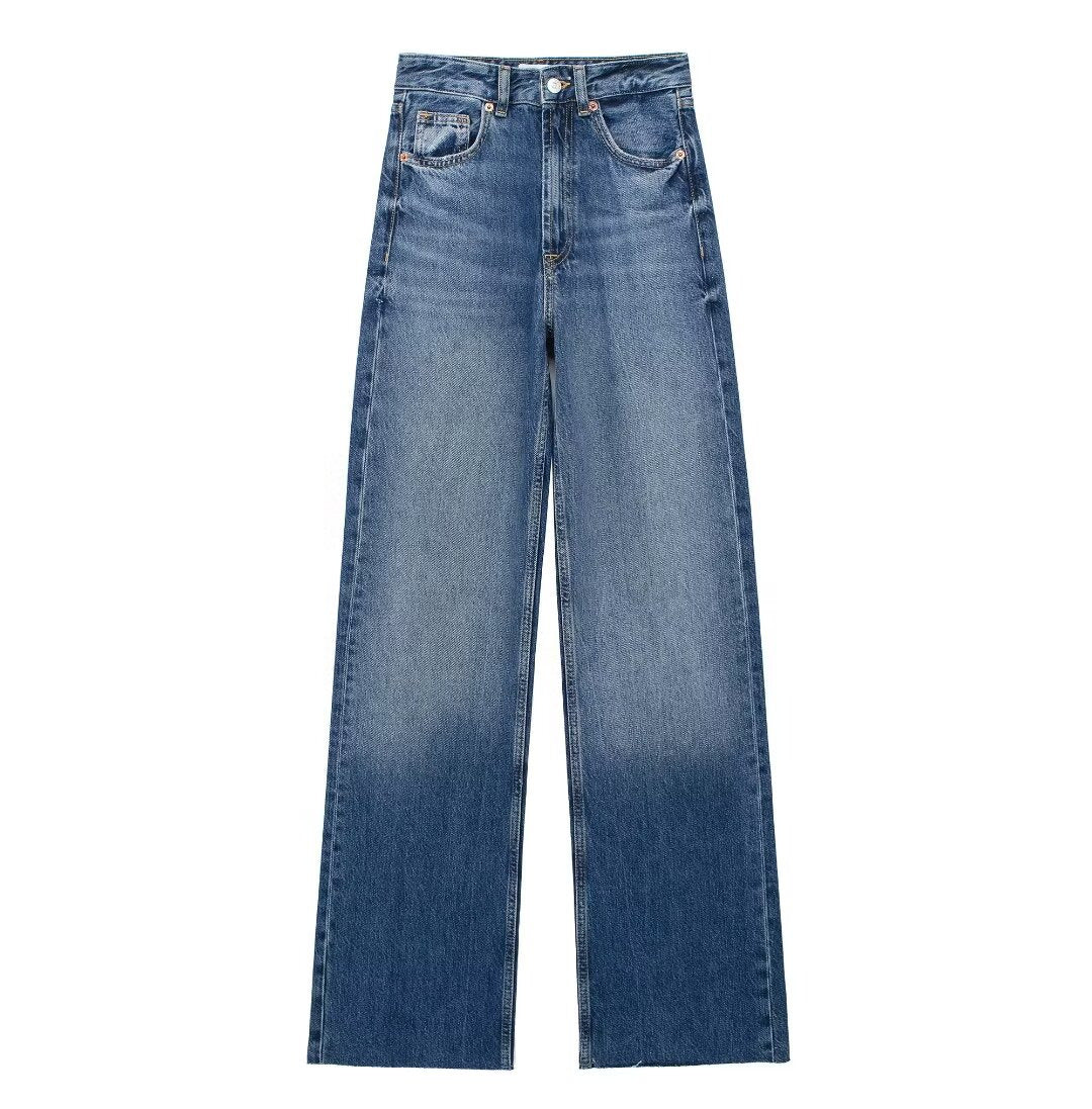 Women's blue high-rise wide leg jeans with five pockets