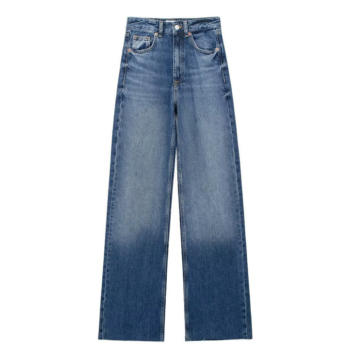 Women's blue high-rise wide leg jeans with five pockets