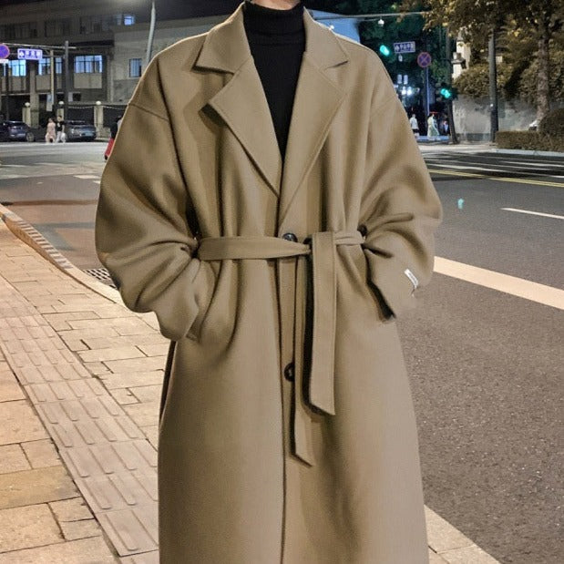 Long belted overcoat with notched lapels and side pockets