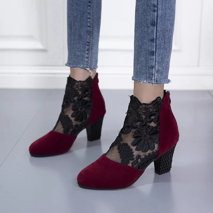 Boots For Women | Patterned Panel Ankle Block Heel Style