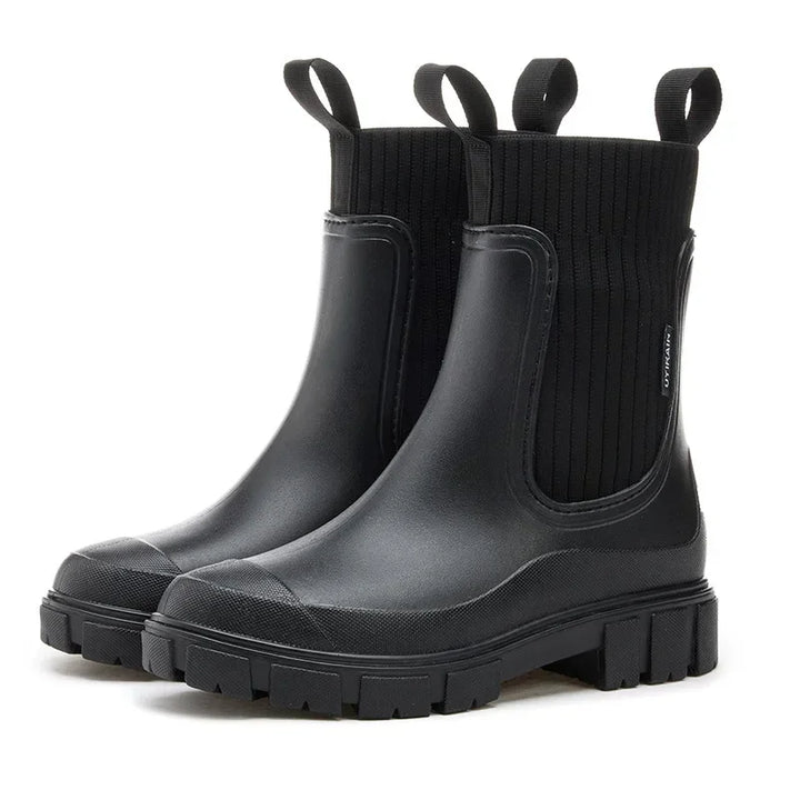 Women's Chelsea ankle rain boots with elastic panels and chunky treaded soles