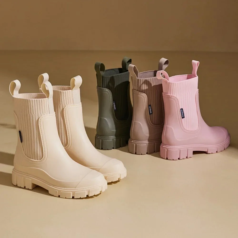 Women's Chelsea ankle rain boots with elastic panels and chunky treaded soles
