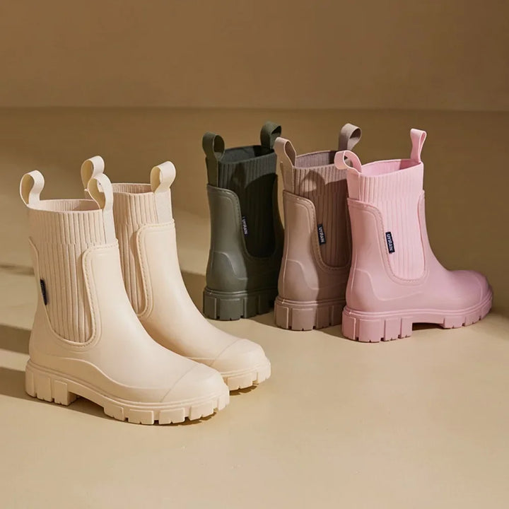 Women's Chelsea ankle rain boots with elastic panels and chunky treaded soles