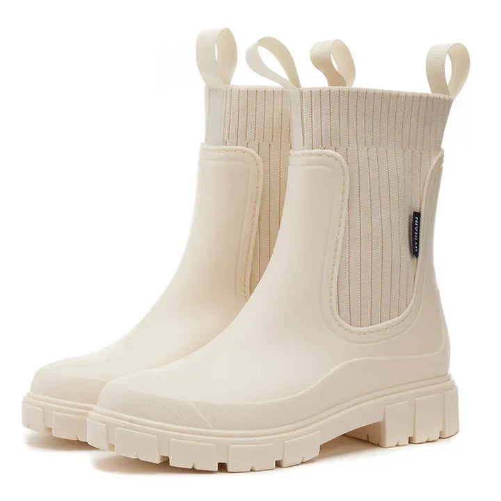Women's Chelsea ankle rain boots with elastic panels and chunky treaded soles
