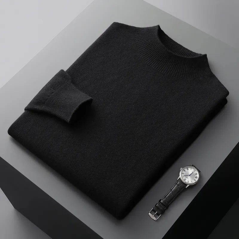 Folded solid knit sweater with ribbed crew neckline and cuffs