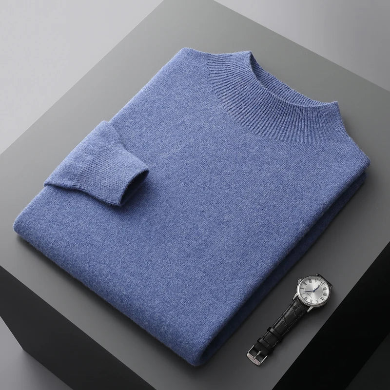 Folded solid knit sweater with ribbed crew neckline and cuffs
