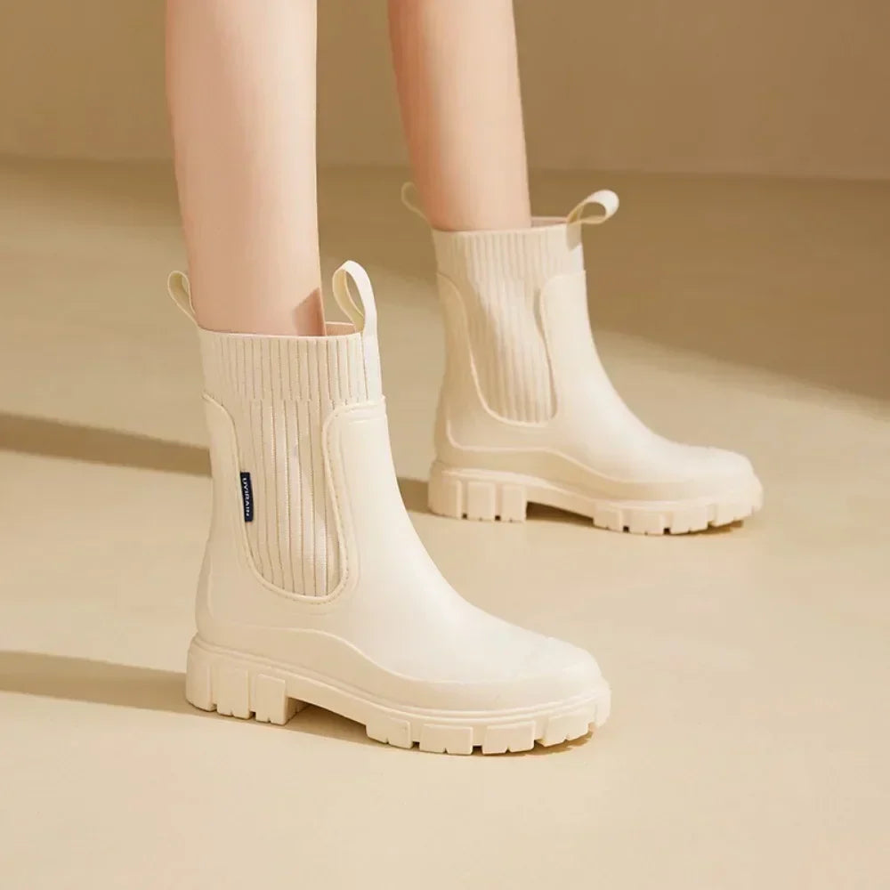 Women's Chelsea ankle rain boots with elastic panels and chunky treaded soles