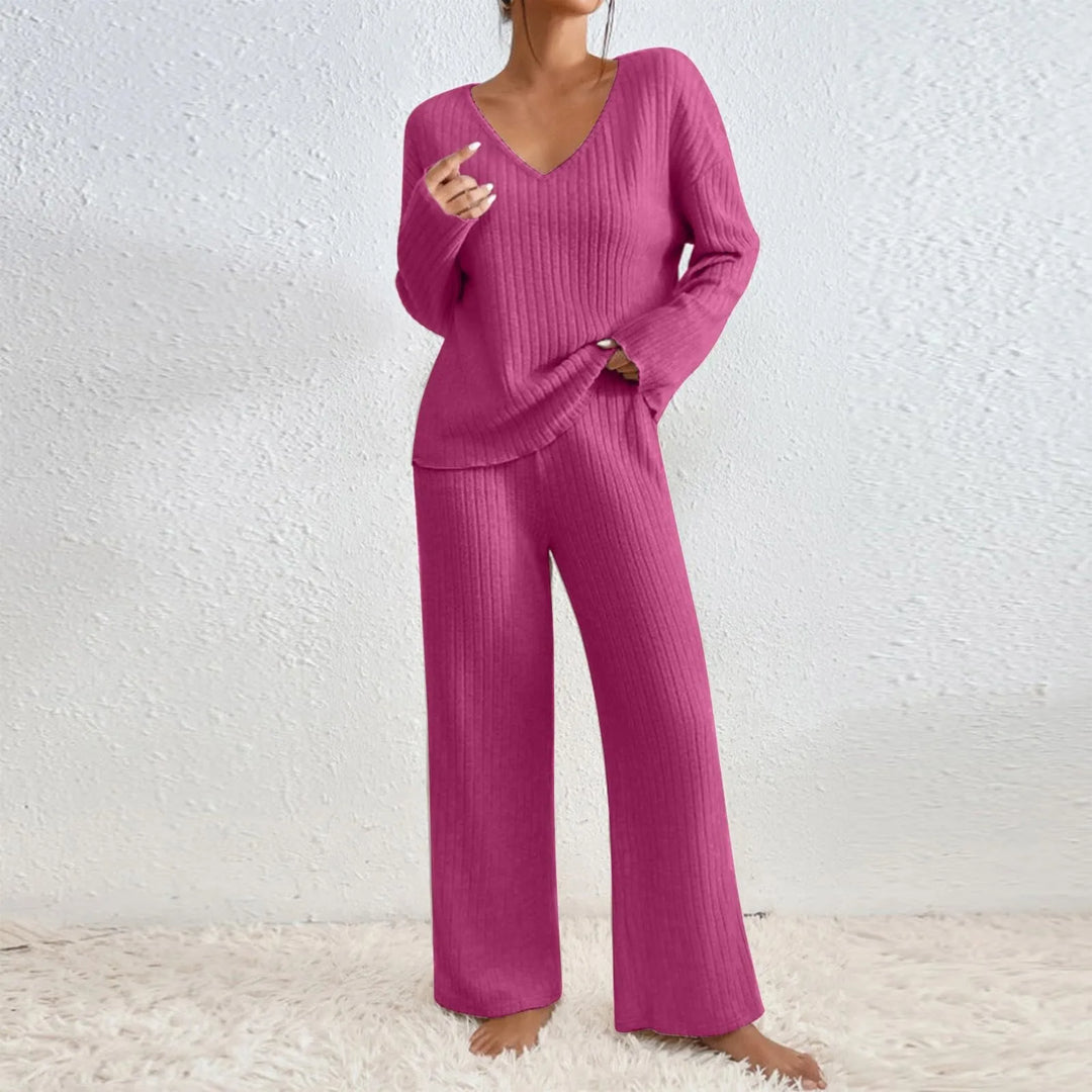 Women's ribbed lounge set with a V-neck long-sleeve top and wide-leg trousers