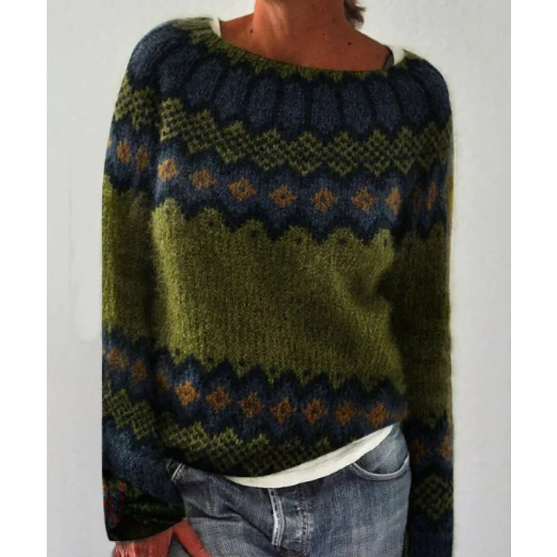 Women's Fair Isle crew neck jumper with long sleeves and patterned yoke