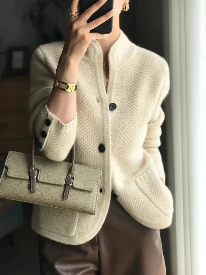 Women's button-front textured knit cardigan jacket with stand collar and patch pockets