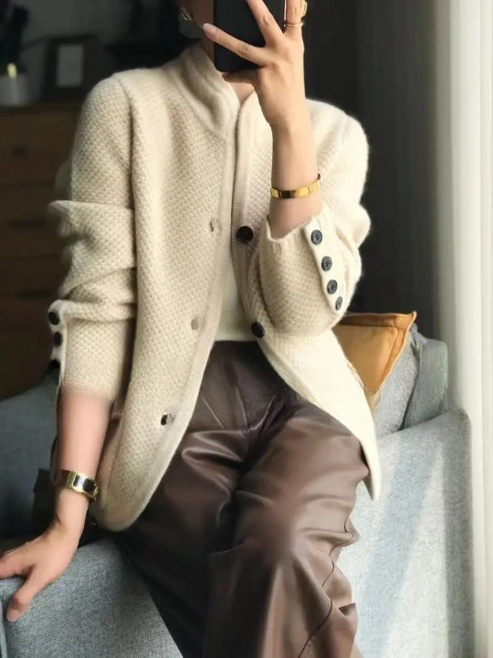Women's button-front textured knit cardigan jacket with stand collar and patch pockets