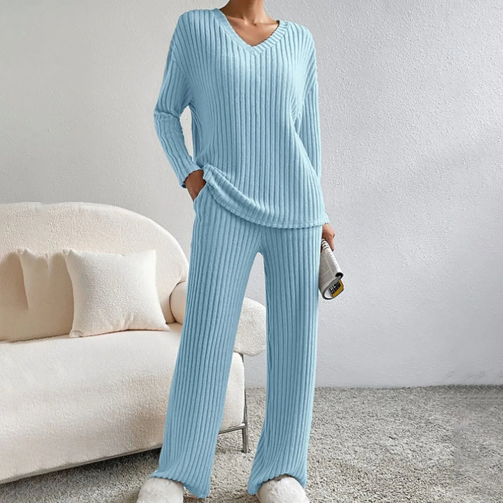 Women's ribbed lounge set with a V-neck long-sleeve top and wide-leg trousers