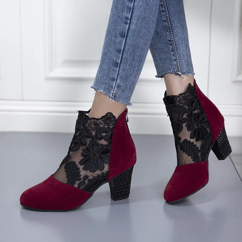 Boots For Women | Patterned Panel Ankle Block Heel Style