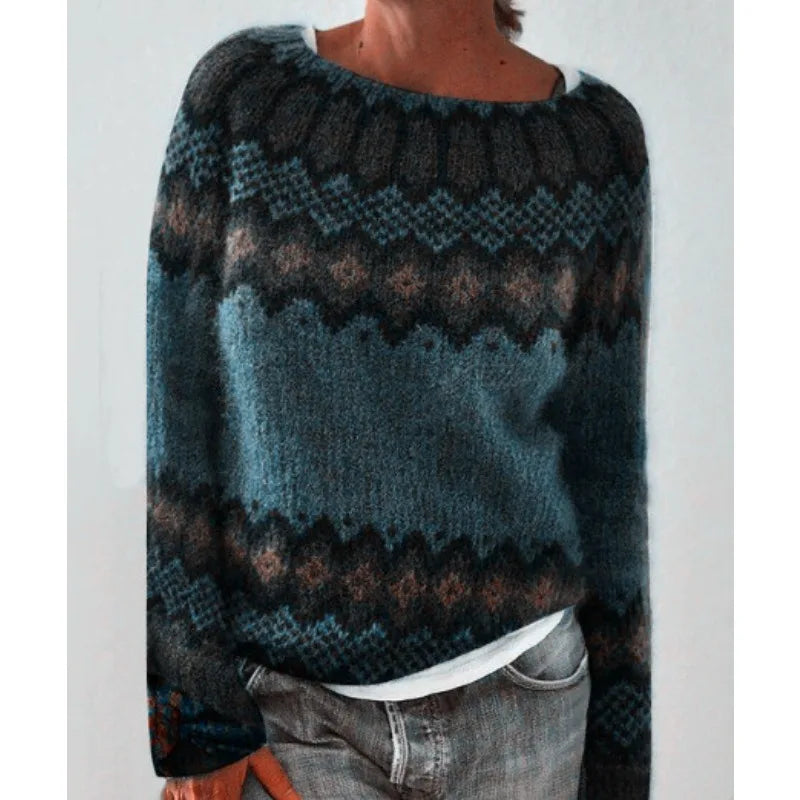 Women's Fair Isle crew neck jumper with long sleeves and patterned yoke
