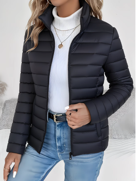 Women's quilted jacket with high stand collar, long sleeves and zip front