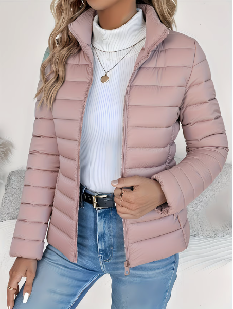 Women's quilted jacket with high stand collar, long sleeves and zip front