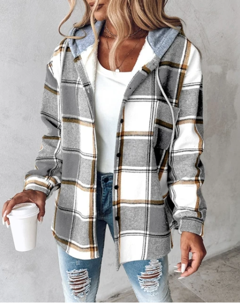 Women's checked hooded jacket with button front and long sleeves