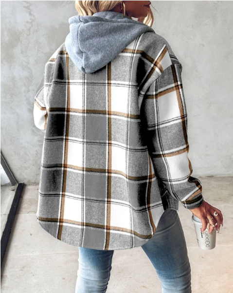Women's checked hooded jacket with button front and long sleeves