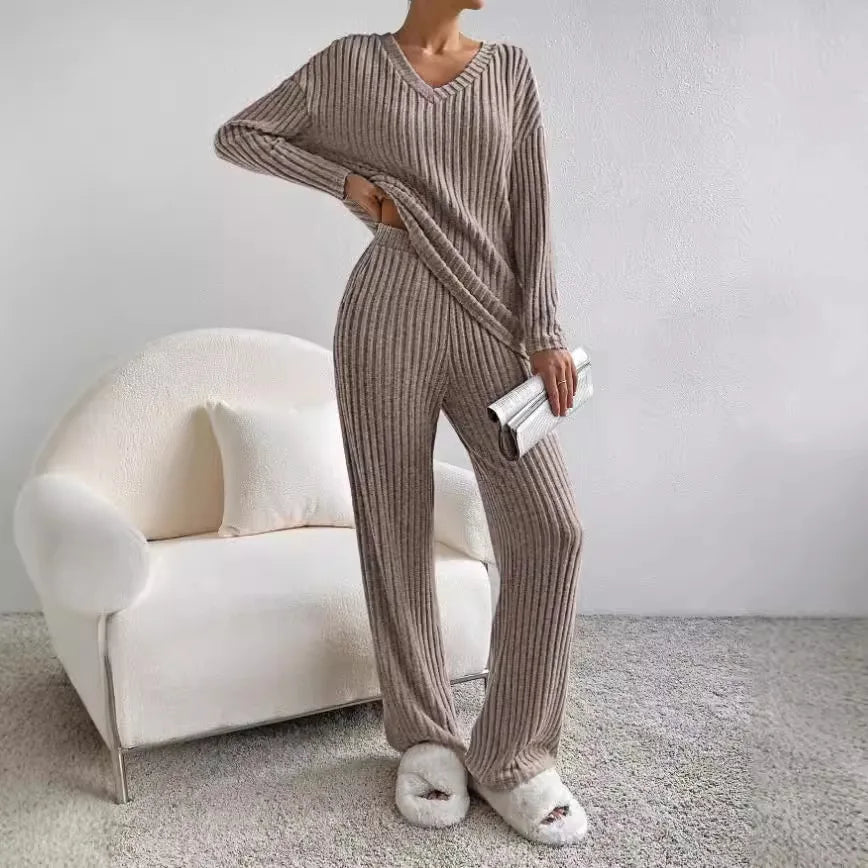Women's ribbed lounge set with a V-neck long-sleeve top and wide-leg trousers