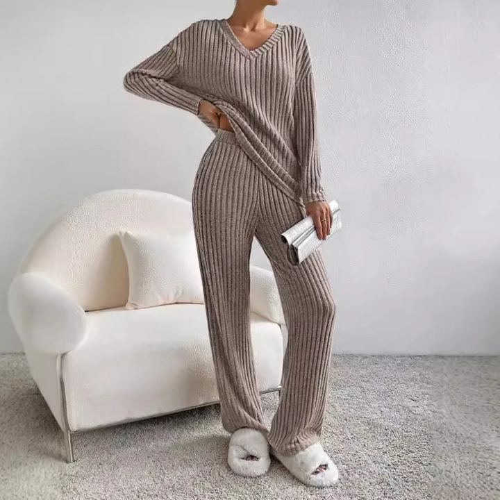 Women's ribbed lounge set with a V-neck long-sleeve top and wide-leg trousers