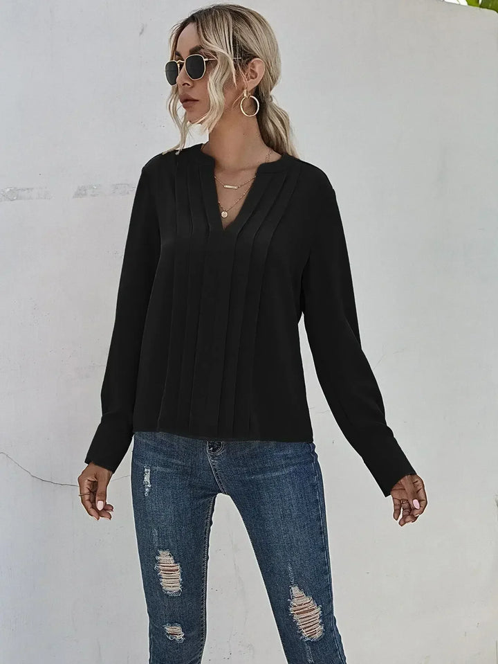 Blouse For Women | V-Neck Long Sleeve Pleated