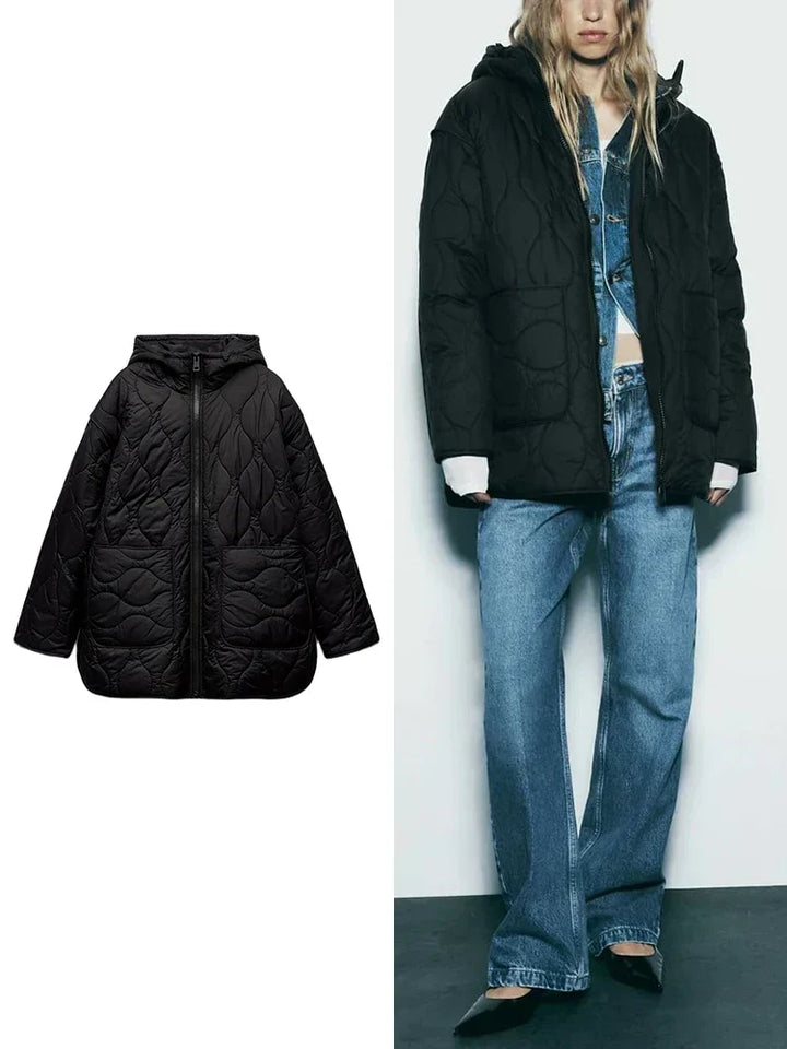 Quilted hooded jacket with zip front and two patch pockets