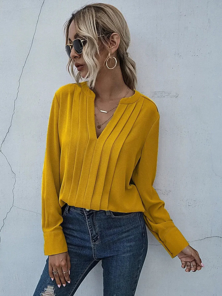 Blouse For Women | V-Neck Long Sleeve Pleated