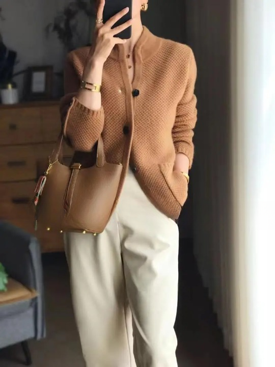 Women's button-front textured knit cardigan jacket with stand collar and patch pockets