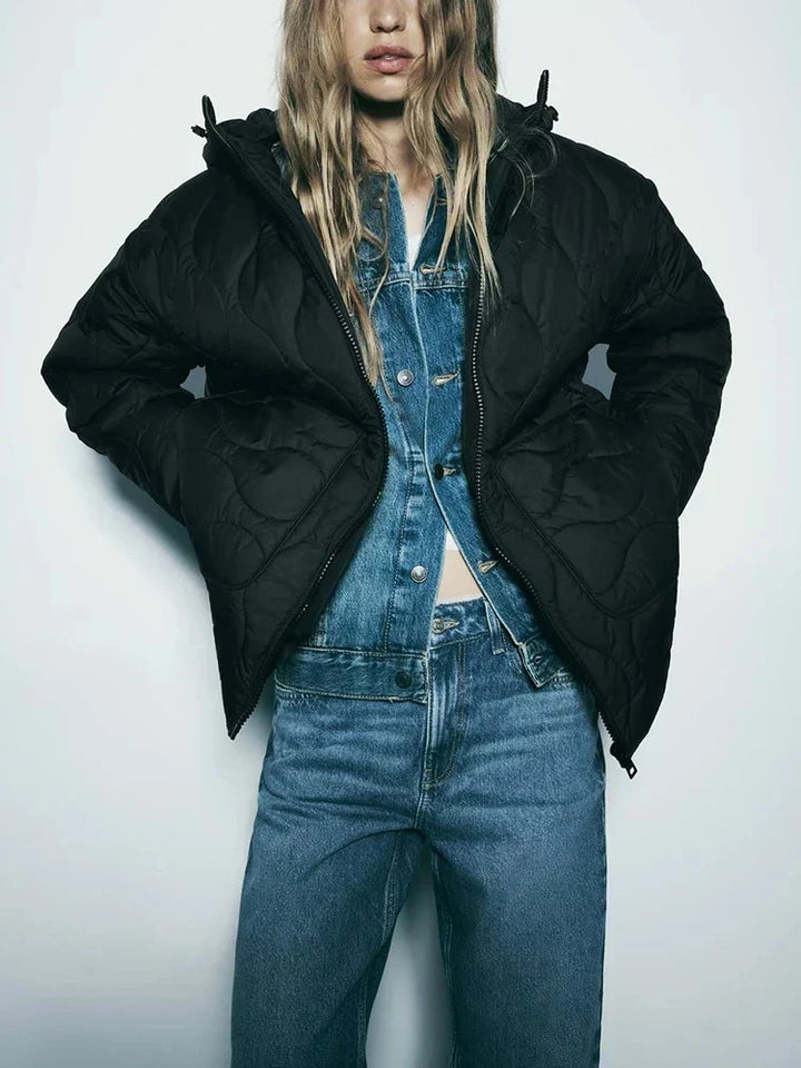 Quilted hooded jacket with zip front and two patch pockets