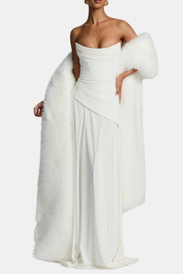 Women's floor-length faux fur shawl with wide collar and open front